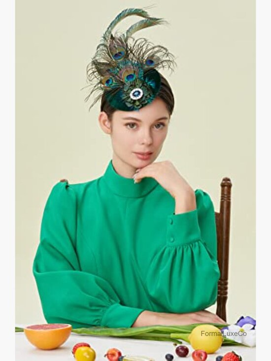 Peacock Feather Pillbox Hat with Rhinestones, Floral Fascinator for Derby main image 5